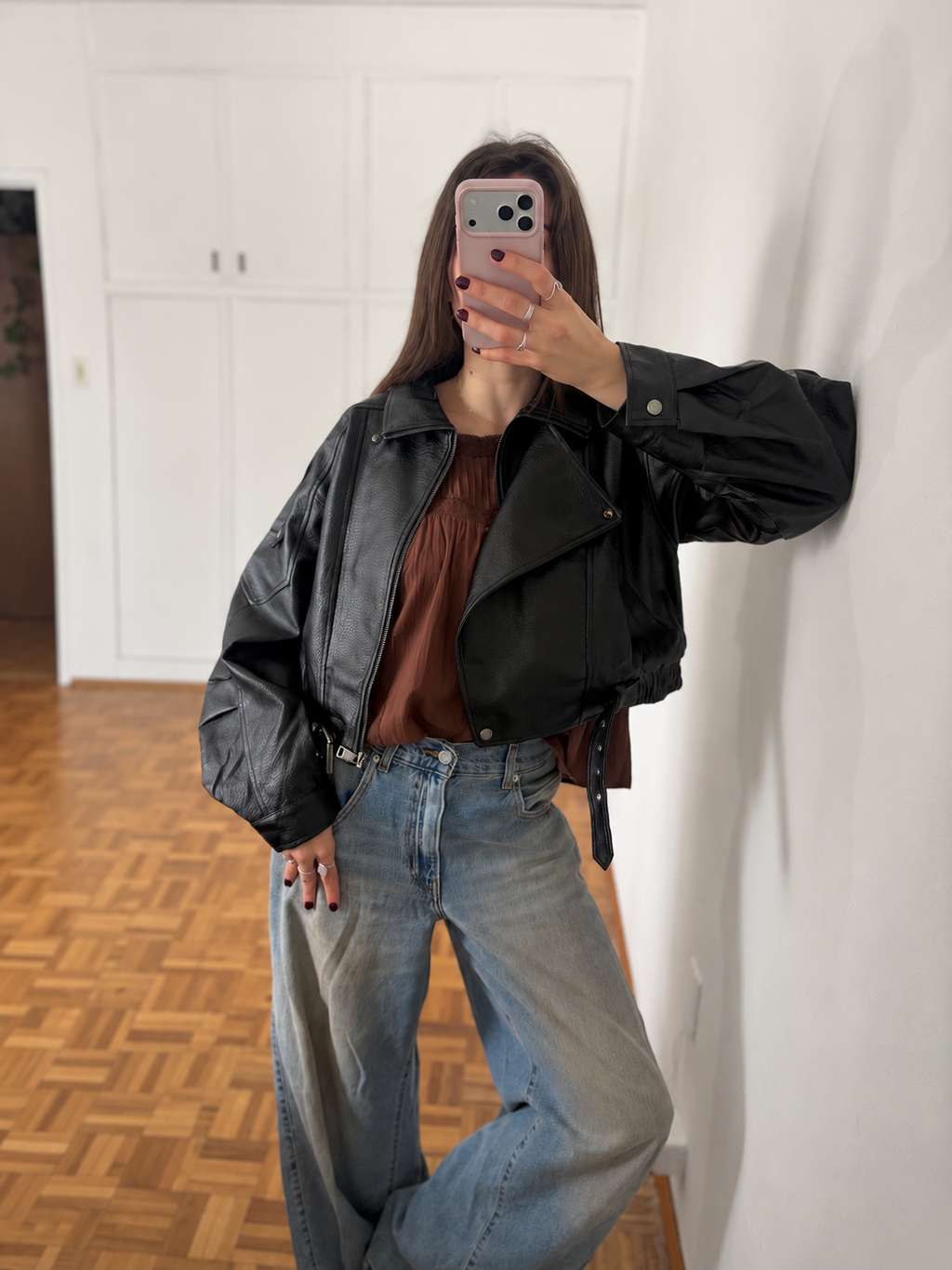 Campera Eco Memphis Negro, campera biker oversize de ecocuero negra