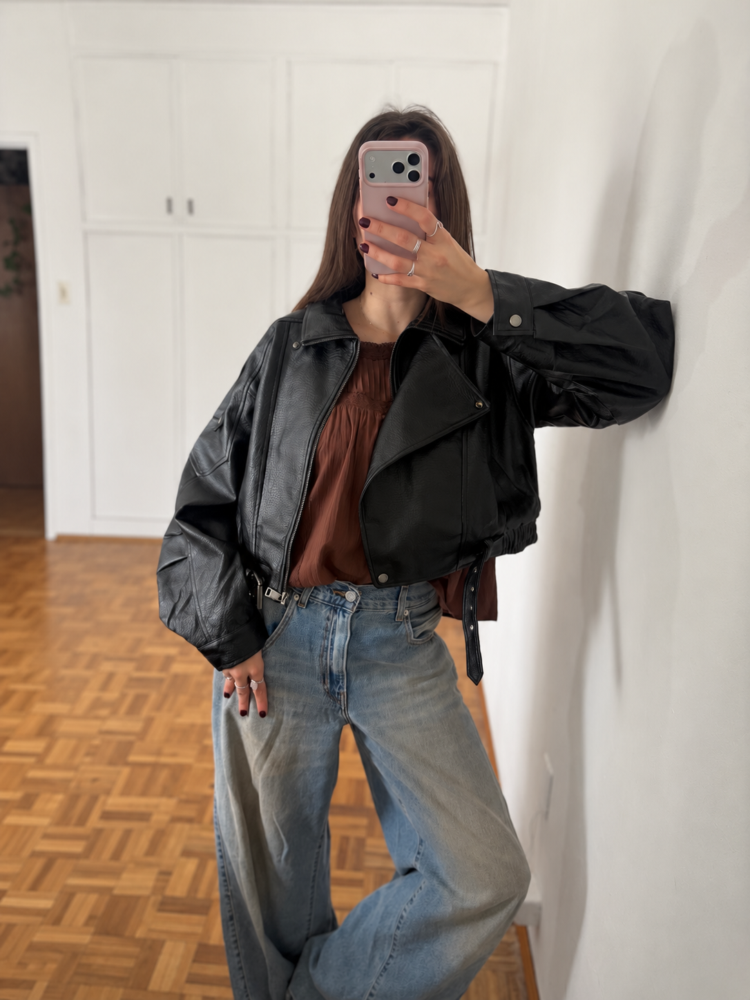 Campera Eco Memphis Negro, campera biker oversize de ecocuero negra