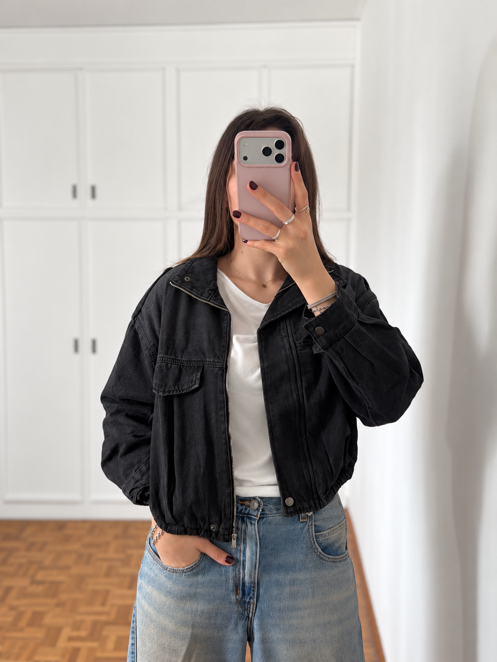 Campera Jean Indie Negro Lavado, campera bomber de jean oversize negra gastada