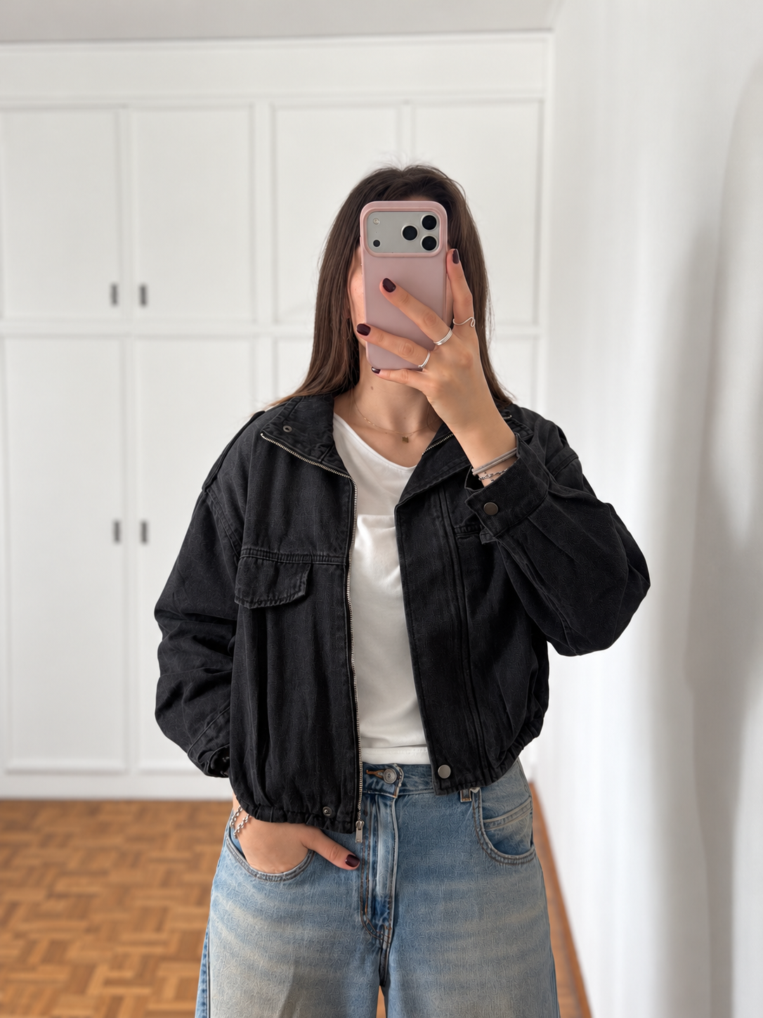Campera Jean Indie Negro Lavado, campera bomber de jean oversize negra gastada