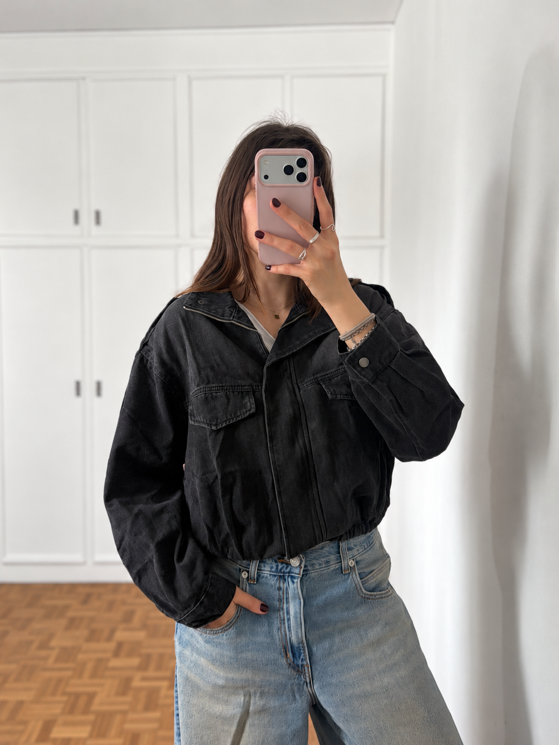 Campera Jean Indie Negro Lavado con elástico en la cintura